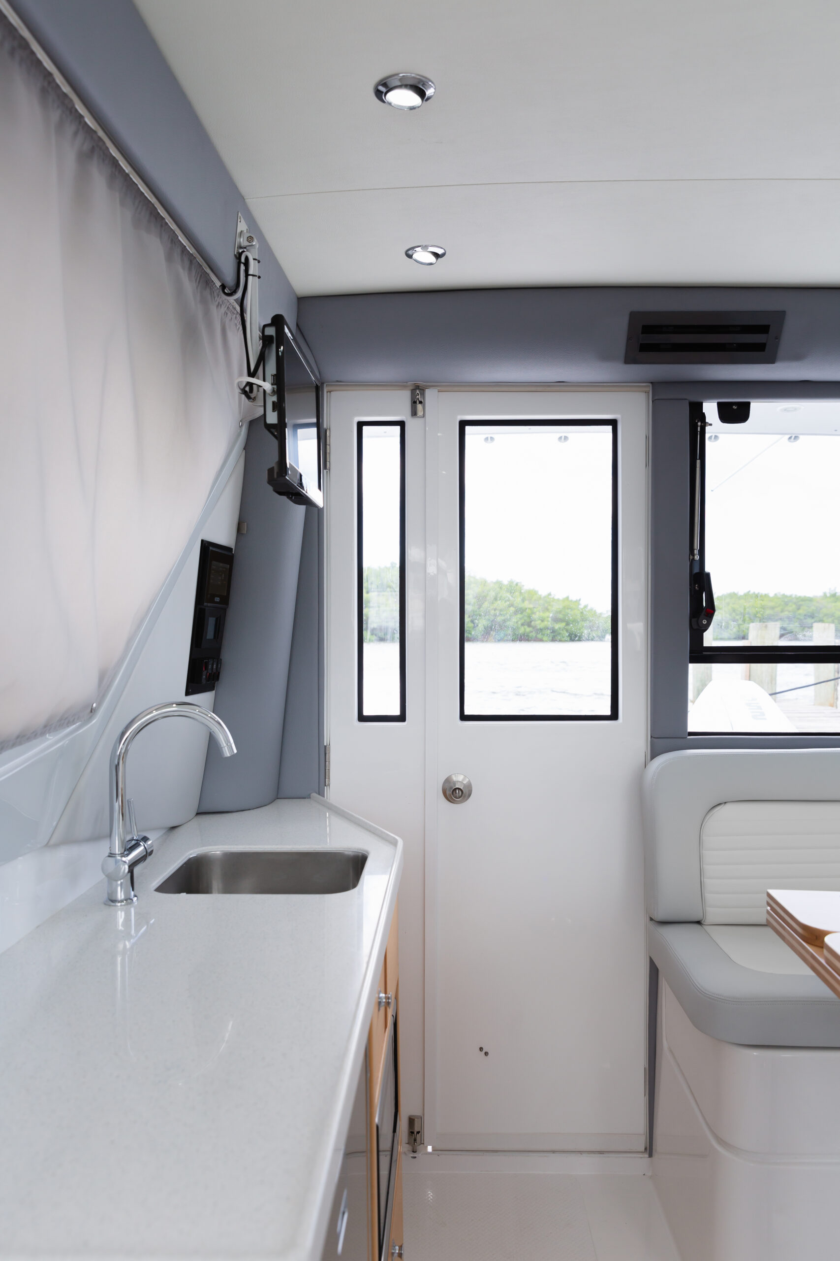 salon space on a cabin boat
